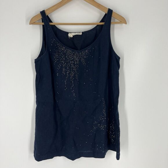Eileen Fisher Tank Top Size Medium Petite Navy Irish Linen Beaded Sleeveless - Picture 1 of 8